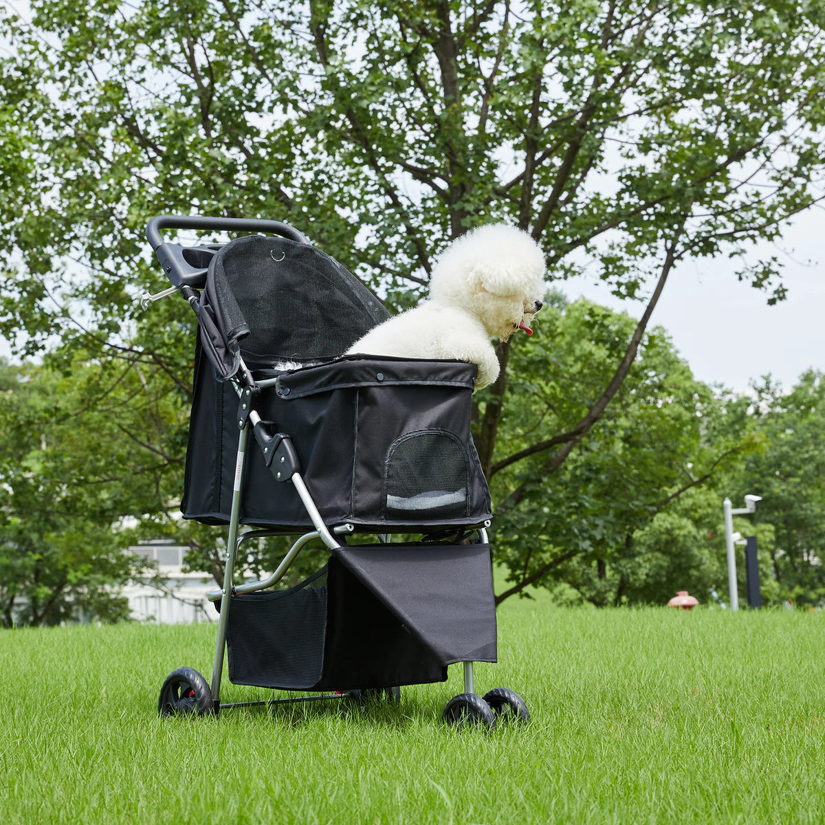 Foldable Pet Stroller With Mesh Windows And Storage Basket