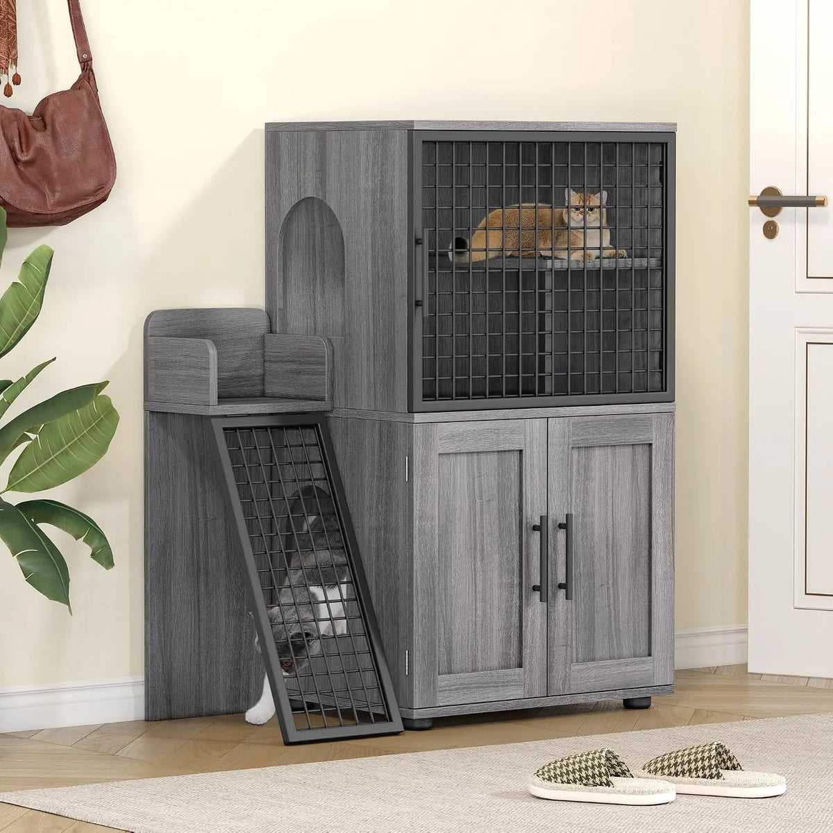 Garvee Villa Cat Litter Box Furniture Enclosure With Ladder