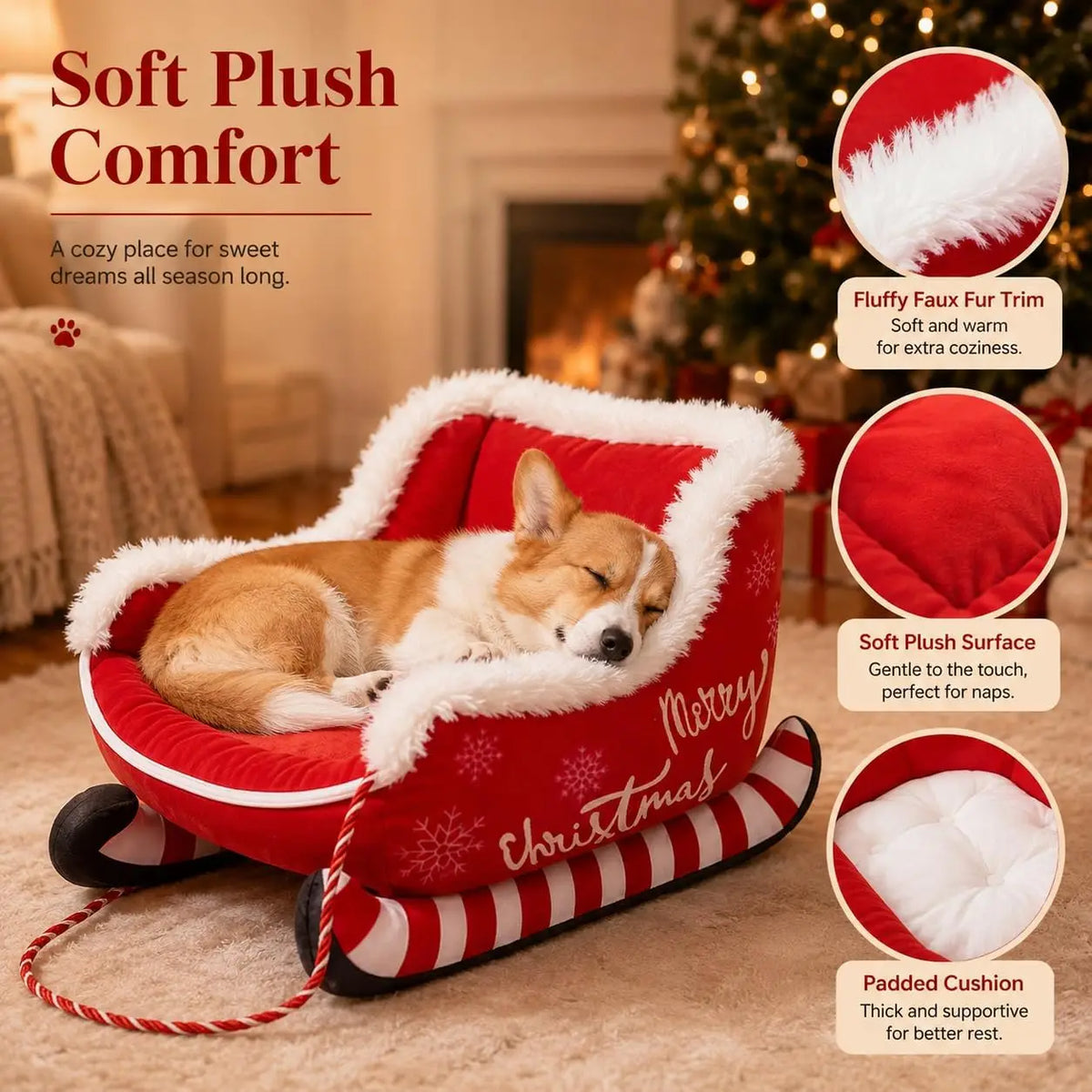 Christmas Dog Sleigh Bed With Plush Raised Sides For Pets