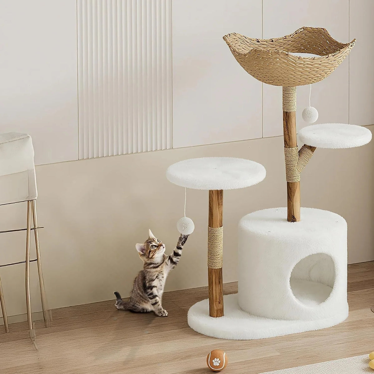 Wooden Cat Tree Tower With Rattan Multi Level Activity Center