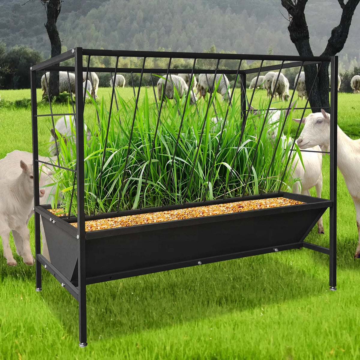 Heavy Duty Pasture Hay Feeder With Grain Pan for Livestock