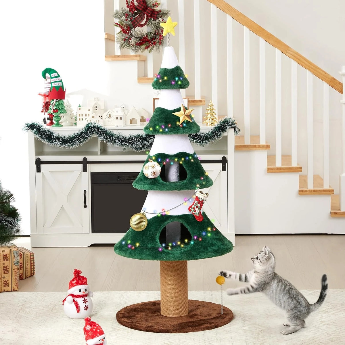 Christmas Cat Tree Tower With Sisal Posts And Cozy Perch