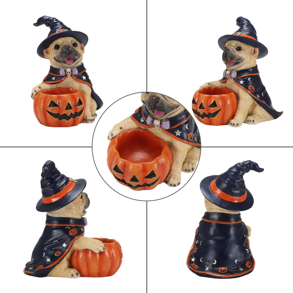 Halloween French Bulldog Witch Figurine With Pumpkin Candy Bowl Decor