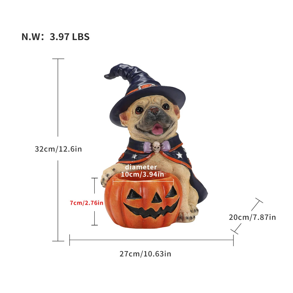 Halloween French Bulldog Witch Figurine With Pumpkin Candy Bowl Decor