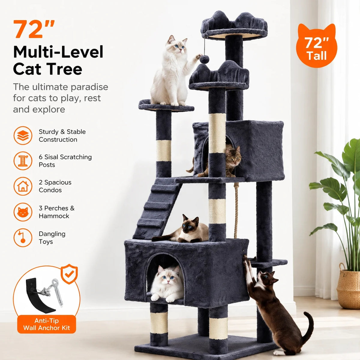 Large Cat Multi-Level Tower With Sisal Scratching Posts Condos Perches