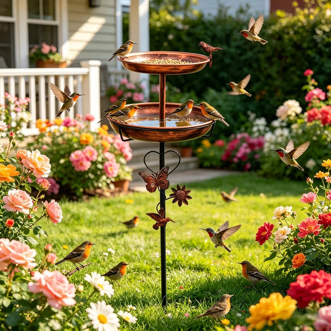 Freestanding Double Bowl Bird Bath and Feeder for Garden Decor