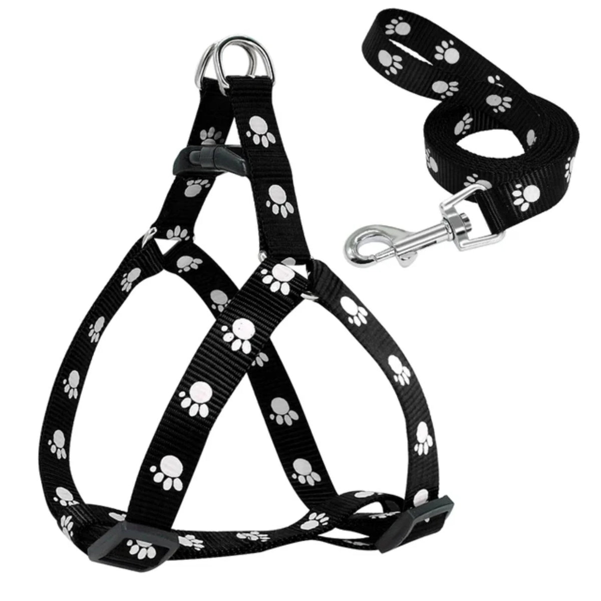 Adjustable Paw Print Nylon Dog Harness and Leash Set for Walking