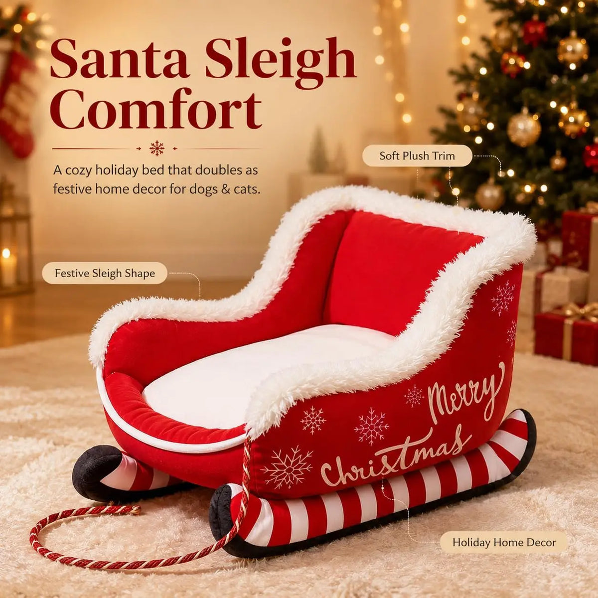 Christmas Dog Sleigh Bed With Plush Raised Sides For Pets