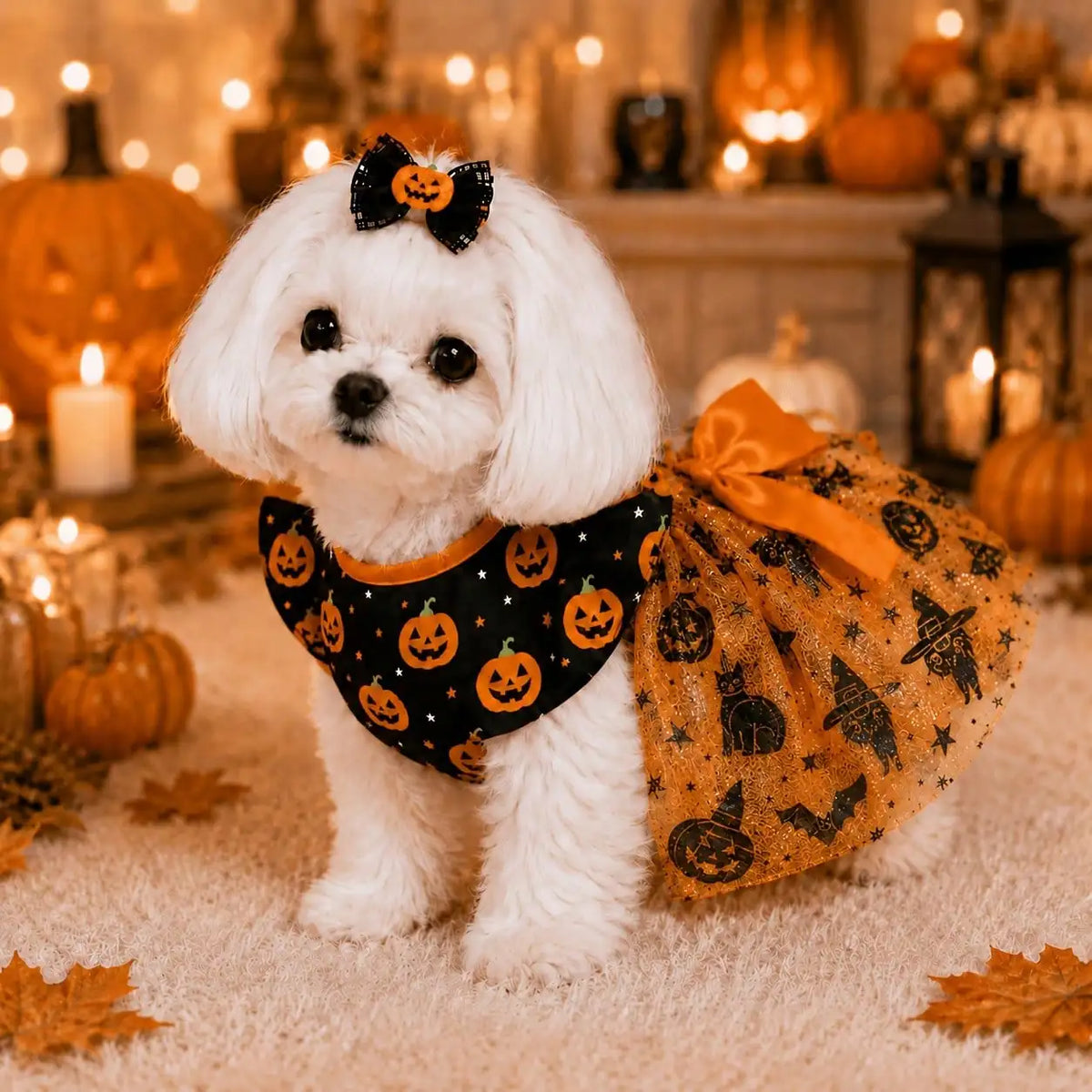 Halloween Pumpkin Print Dog Dress With Bow For Comfortable Wear All Seasons