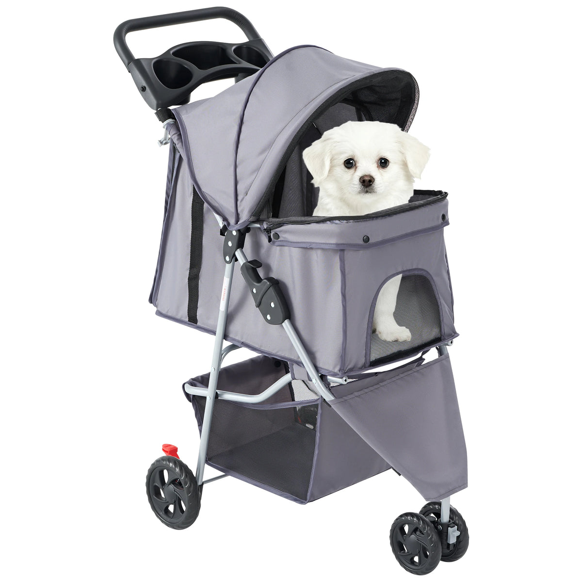 Foldable Pet Stroller With Mesh Windows And Storage Basket