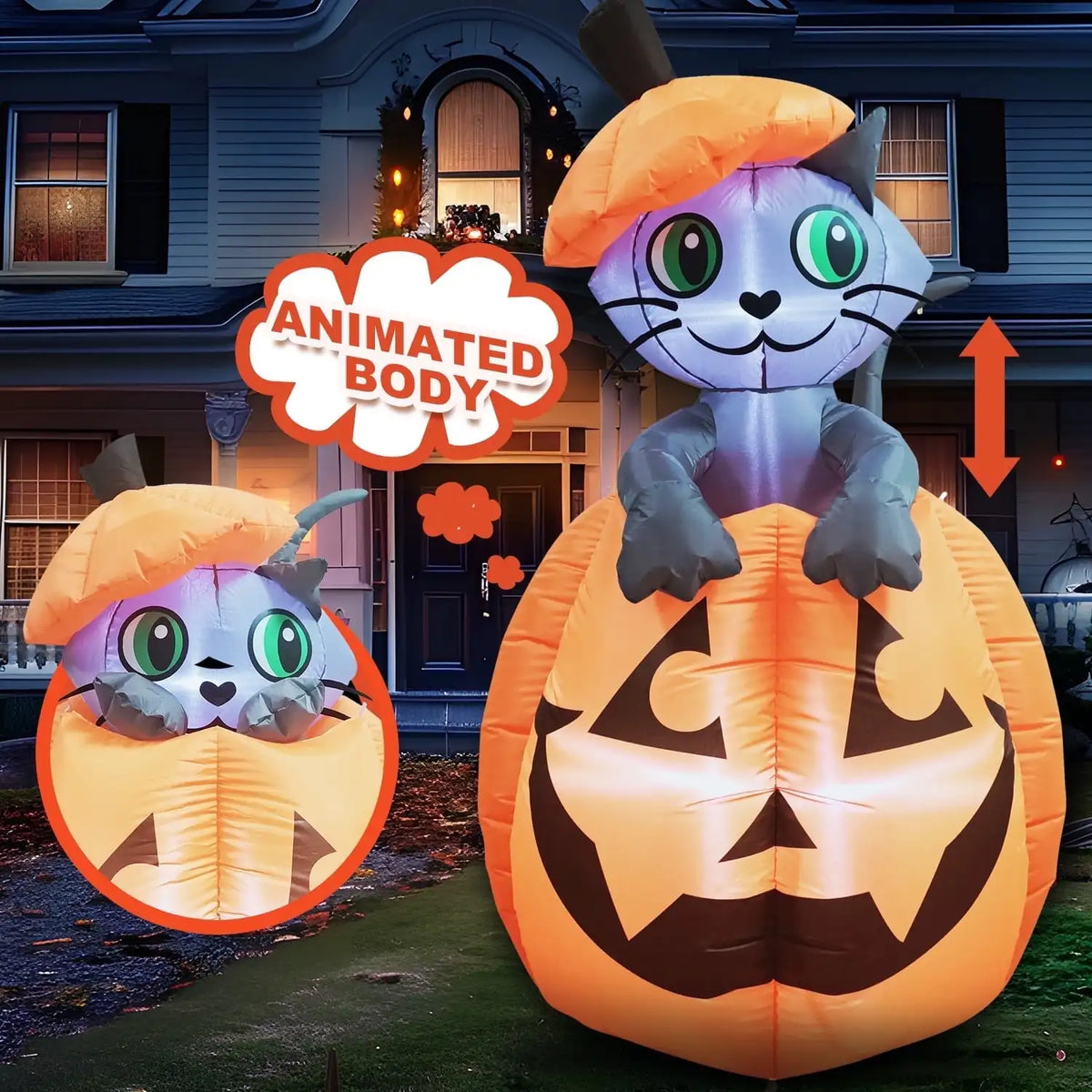 Joyfy Animated Cat On Pumpkin Halloween Inflatable Yard Decoration
