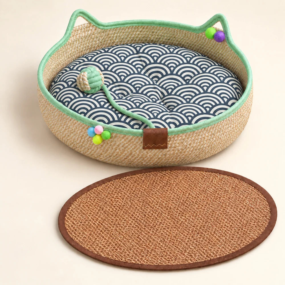 Woven Cat Bed For Indoor Cats Round Cat Basket With Cat Ear Design Cozy Cat Lounger For Kittens And Small Cats Indoor Pet Sleeping Basket For Napping And Relaxing