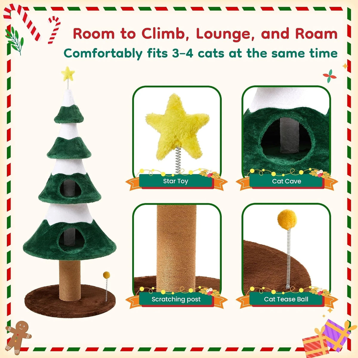 Christmas Cat Tree Tower With Sisal Posts And Cozy Perch