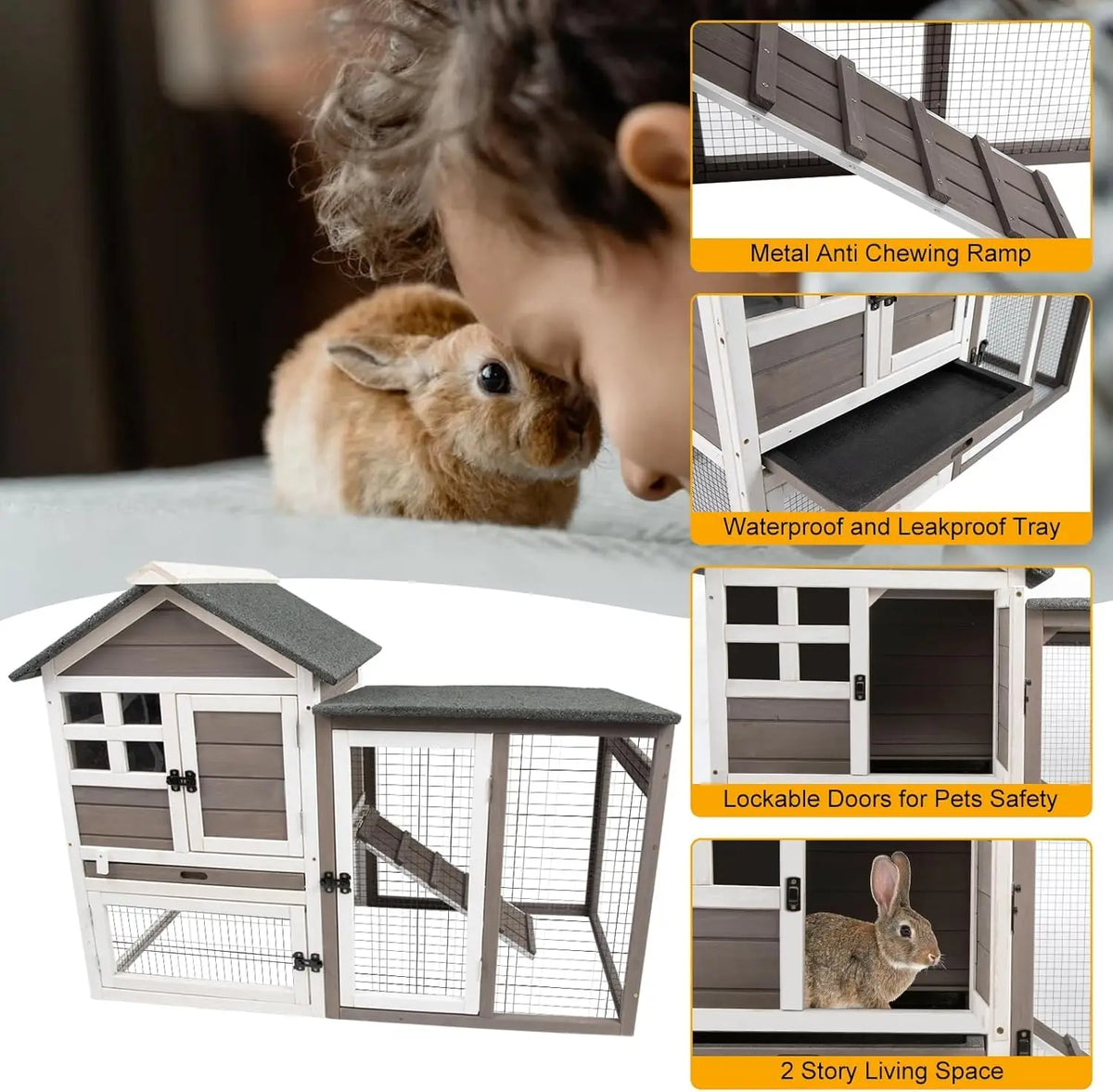 HiMISS Wooden Rabbit Hutch With Run And Removable Tray