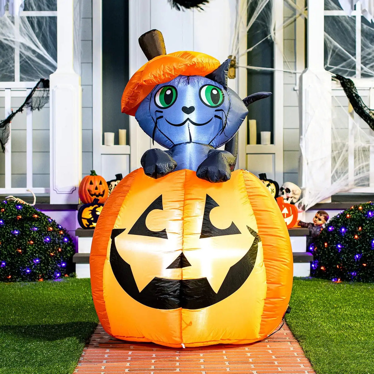 Joyfy Animated Cat On Pumpkin Halloween Inflatable Yard Decoration
