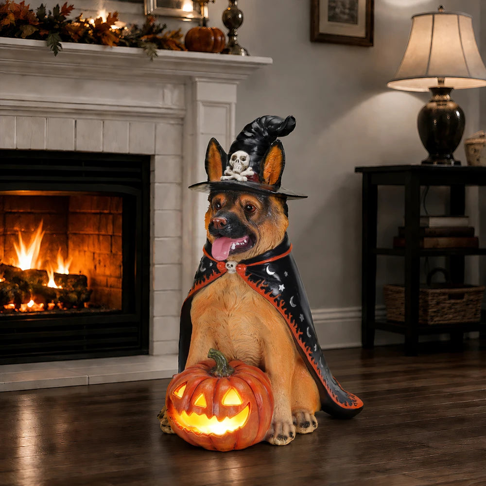 Halloween German Shepherd Statue With Witch Hat And LED Pumpkin
