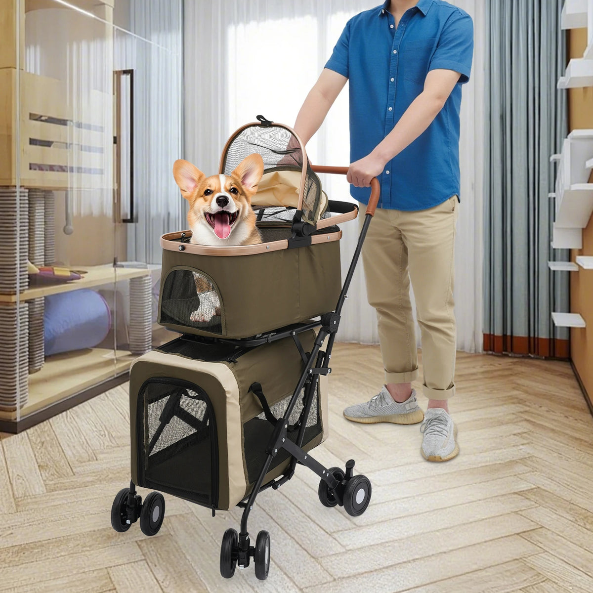 Bymaocar Foldable Pet Stroller With Two Tier Design And Safety Locks