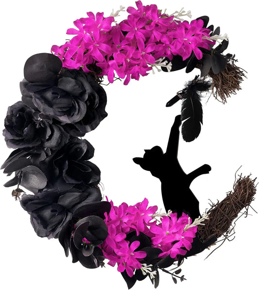 Joyfy Black Cat Moon Halloween Wreath for Spooky Door Decor