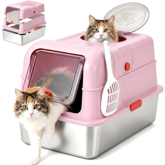 HiMISS Enclosed Stainless Steel Cat Litter Box With Leakproof Design