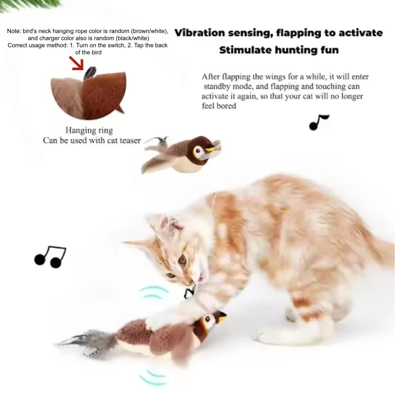 Interactive Touch Activated Chirping Flapping Bird Plush Cat Toy