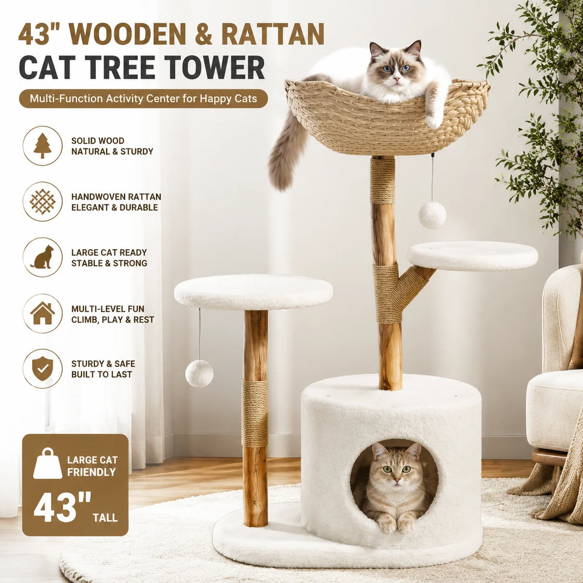Wooden Cat Tree Tower With Rattan Multi Level Activity Center