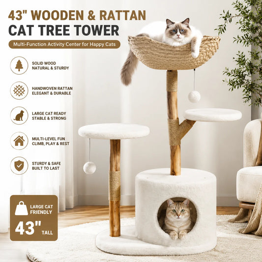 Wooden Cat Tree Tower With Rattan Multi Level Activity Center