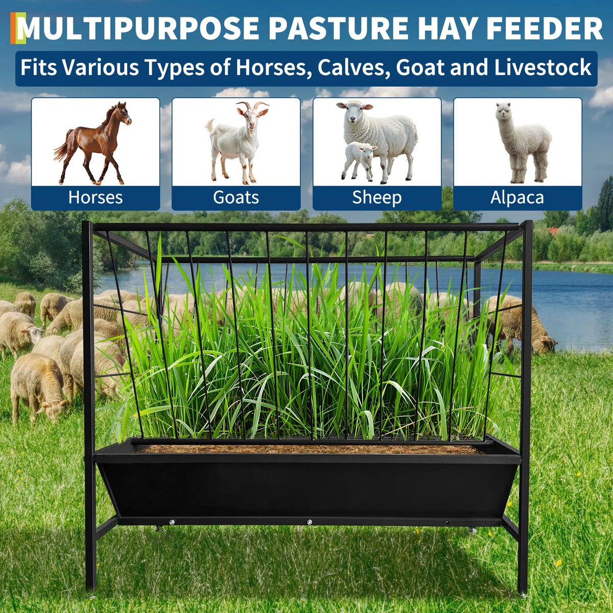 Heavy Duty Pasture Hay Feeder With Grain Pan for Livestock