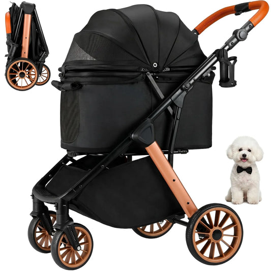 Foldable Pet Stroller with Adjustable Handle and Sun Shade