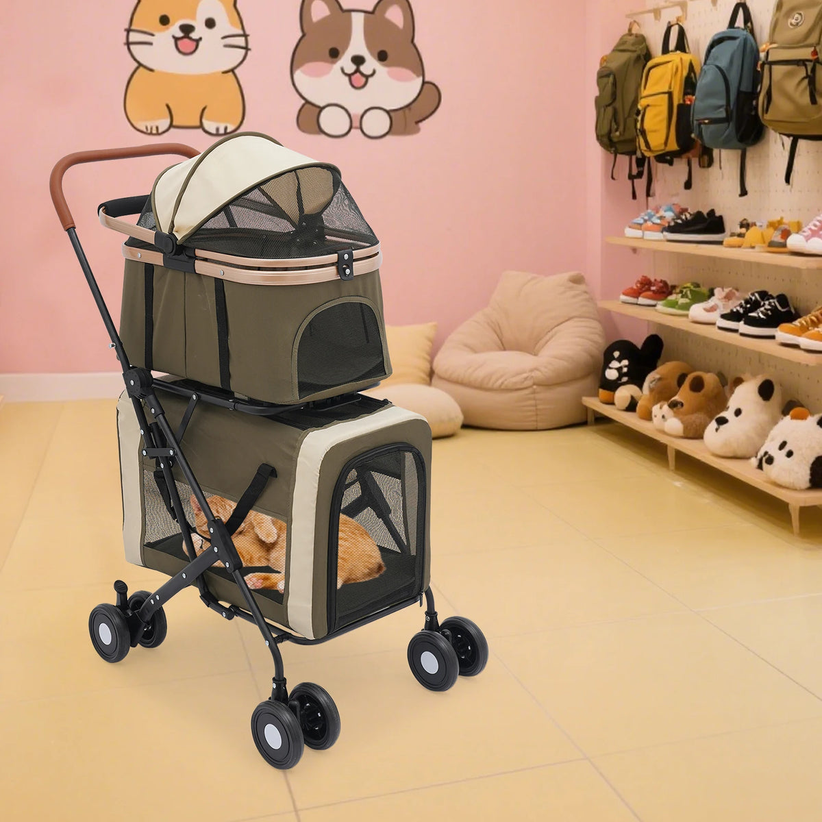 Bymaocar Foldable Pet Stroller With Two Tier Design And Safety Locks