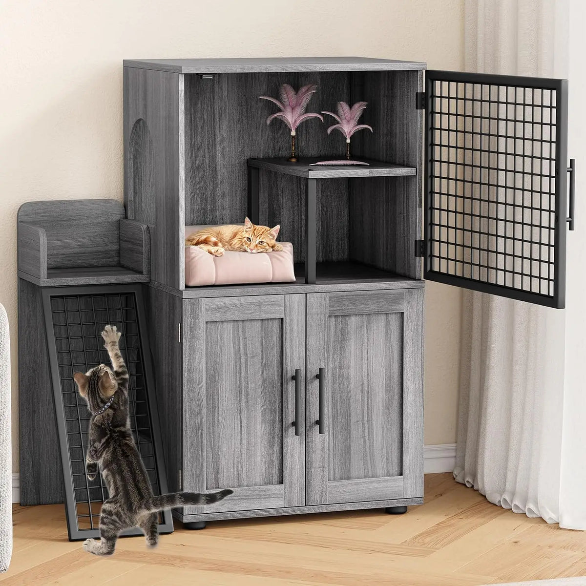 Garvee Villa Cat Litter Box Furniture Enclosure With Ladder