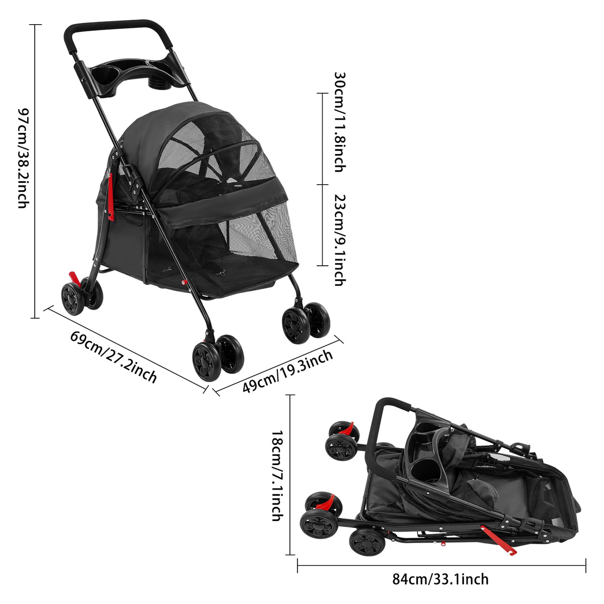 Foldable Pet Travel Stroller with Ventilated Mesh and Cup Holder