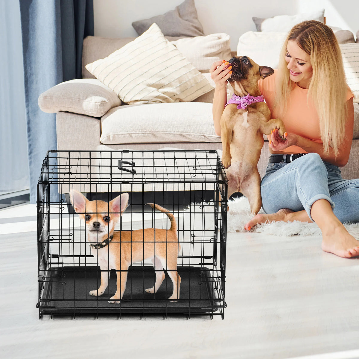 JHK Folding Wire Dog Kennel With Leak Proof Pan Tray