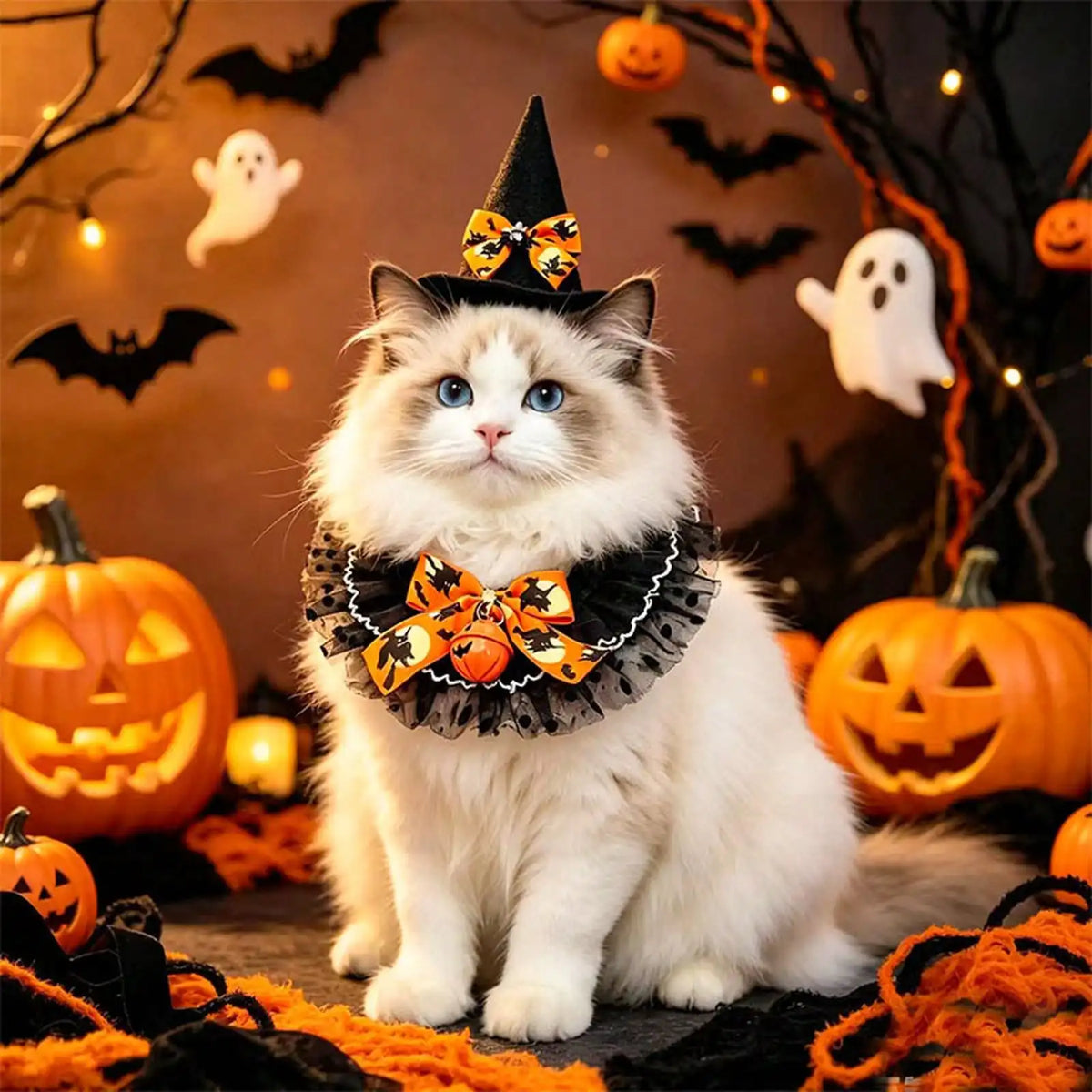 Halloween Pet Costume With Witch Hat And Pumpkin Lace Collar