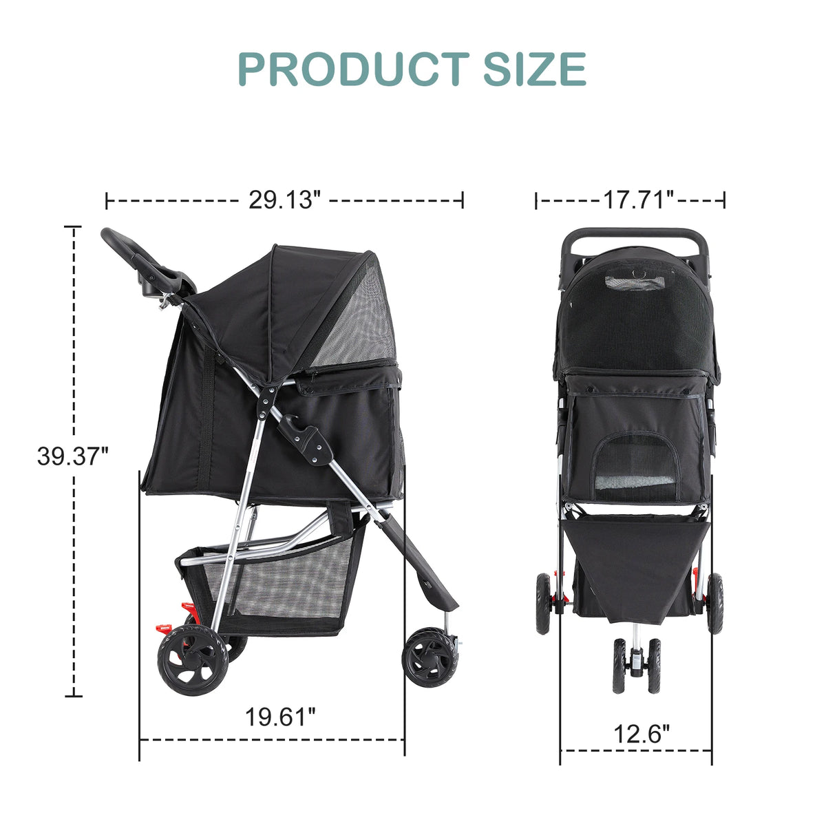 Foldable Pet Stroller With Mesh Windows And Storage Basket