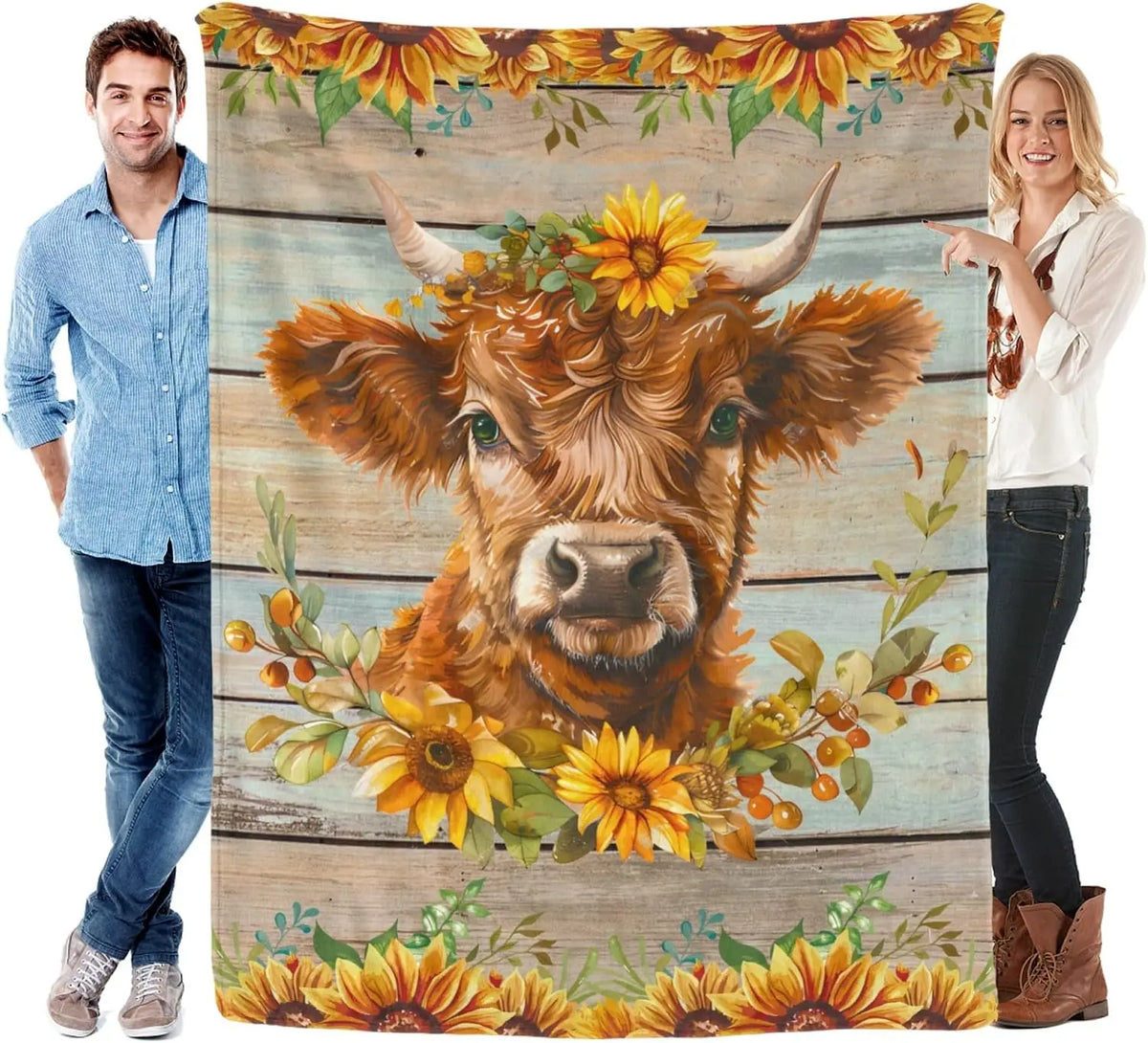 Highland Cow Sunflower Flannel Throw Blanket for Farmhouse Decor