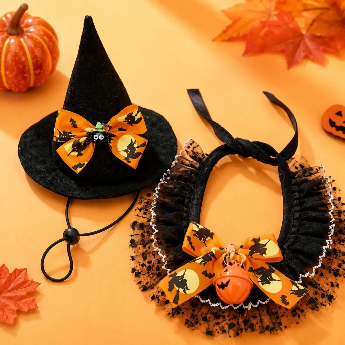 Halloween Pet Bandana Hat Set With Lace Trim Costume, Party Accessory