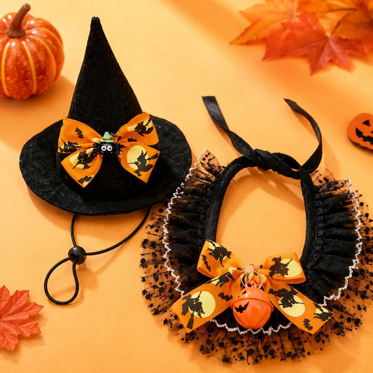 Halloween Pet Bandana Hat Set With Lace Trim Costume, Party Accessory