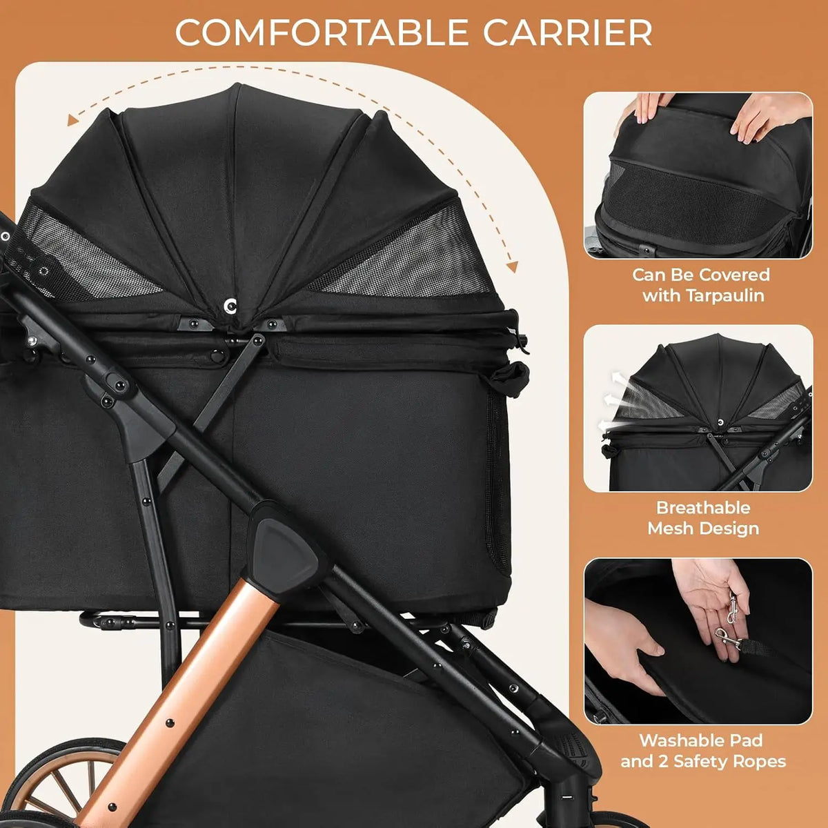 Foldable Pet Stroller with Adjustable Handle and Sun Shade
