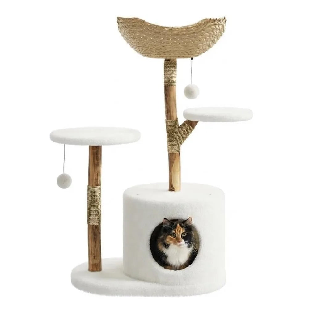 Wooden Cat Tree Tower With Rattan Multi Level Activity Center