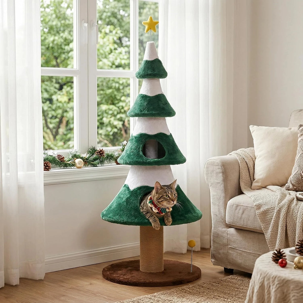 Christmas Cat Tree Tower With Sisal Posts And Cozy Perch
