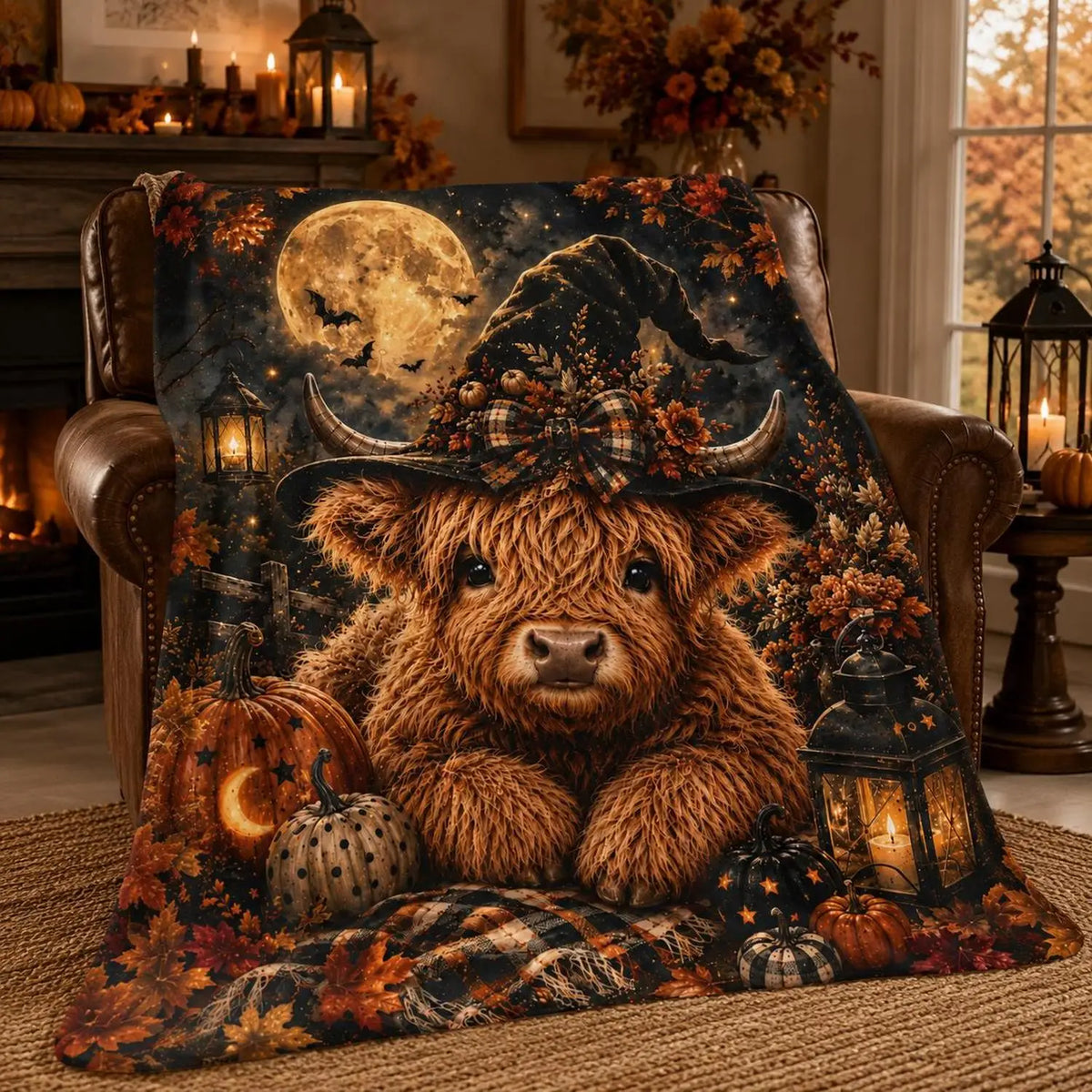 Highland Cow Witch Hat Halloween Plush Throw Blanket for Cozy Decor