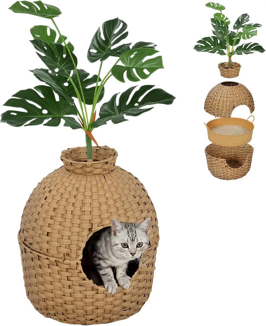 Hidden Cat Litter Box Plant Furniture Enclosure With Faux Plant