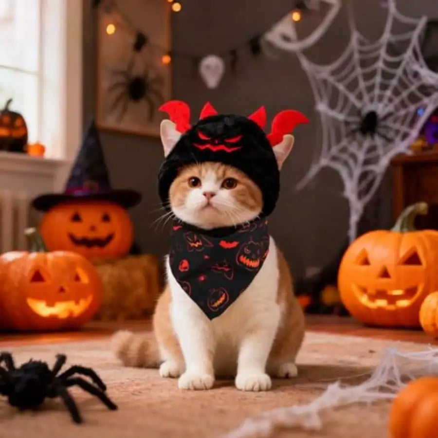 Halloween Cat Costume Set With Pumpkin, Bat, And Festive Scarves