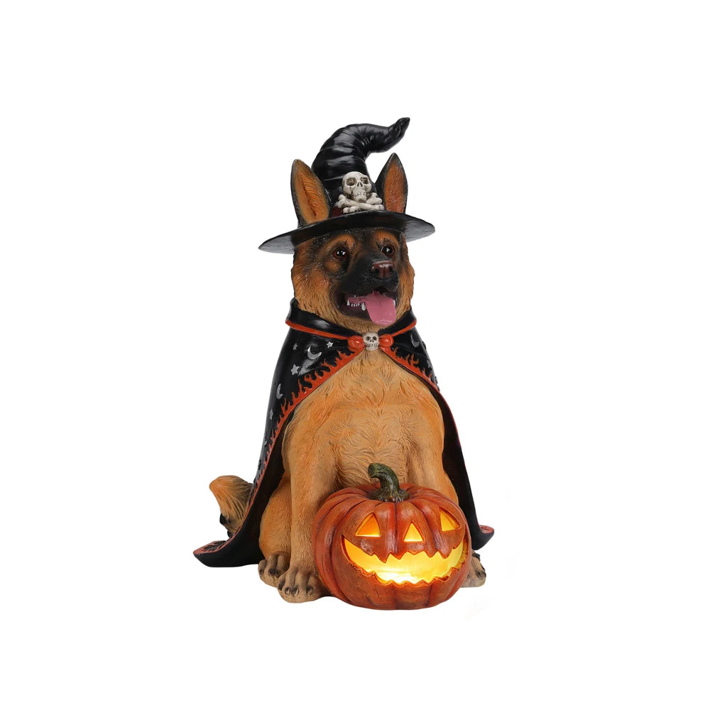 Halloween German Shepherd Statue With Witch Hat And LED Pumpkin