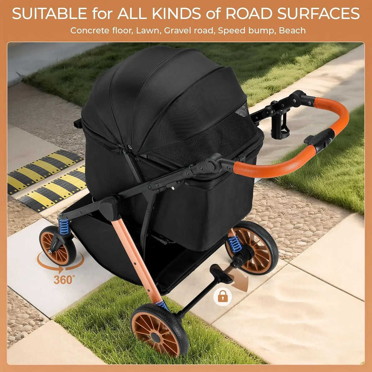 Foldable Pet Stroller with Adjustable Handle and Sun Shade