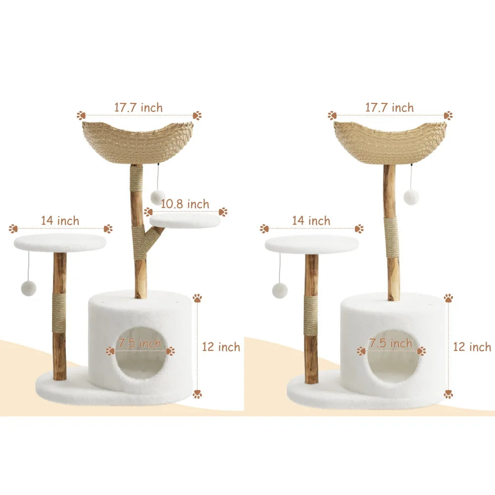 Wooden Cat Tree Tower With Rattan Multi Level Activity Center