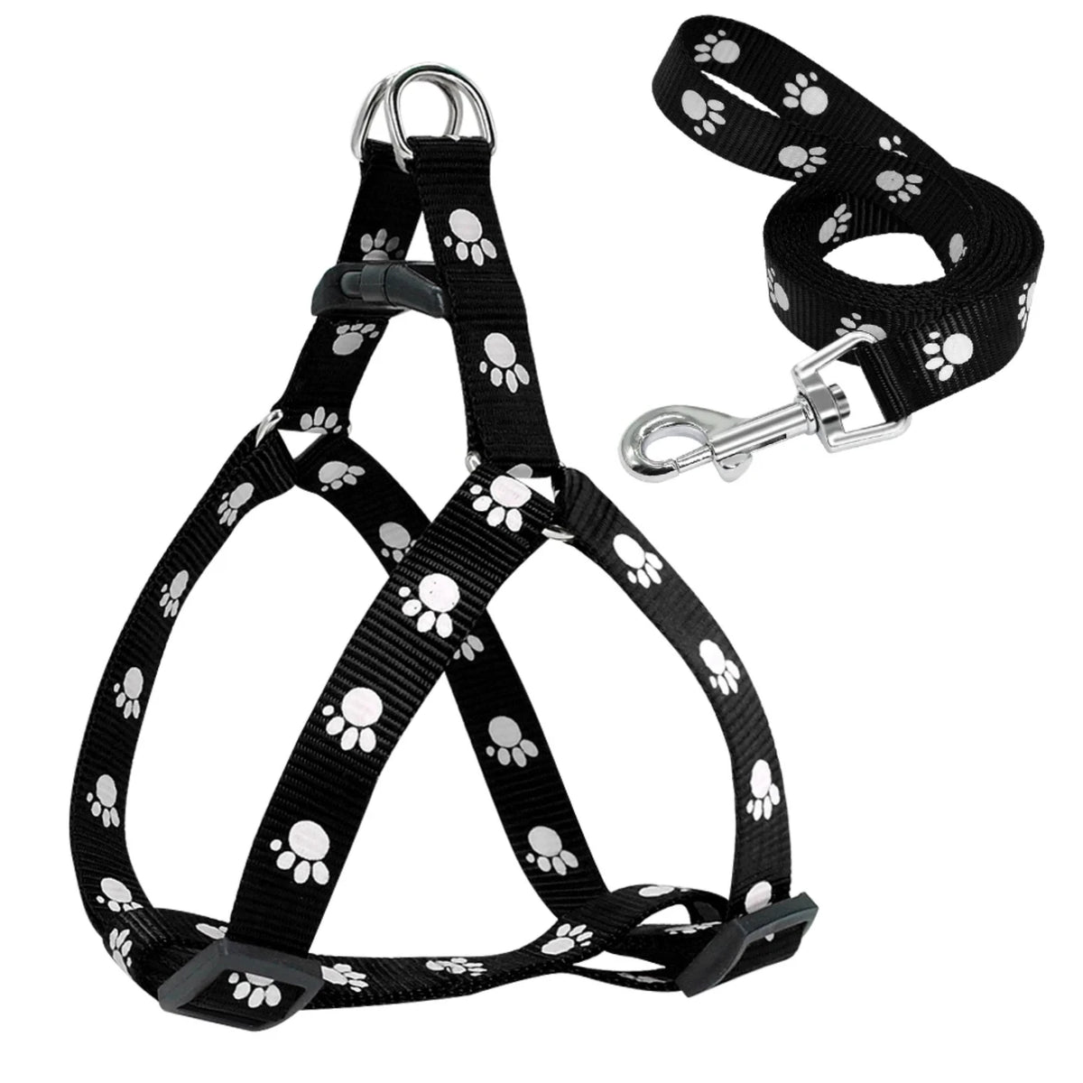 Adjustable Paw Print Nylon Dog Harness and Leash Set for Walking
