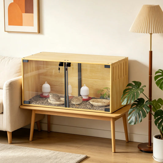 Wooden Pet Cage With Removable Divider And Tempered Glass Panels