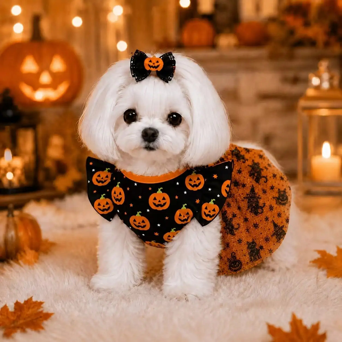 Halloween Pumpkin Print Dog Dress With Bow For Comfortable Wear All Seasons