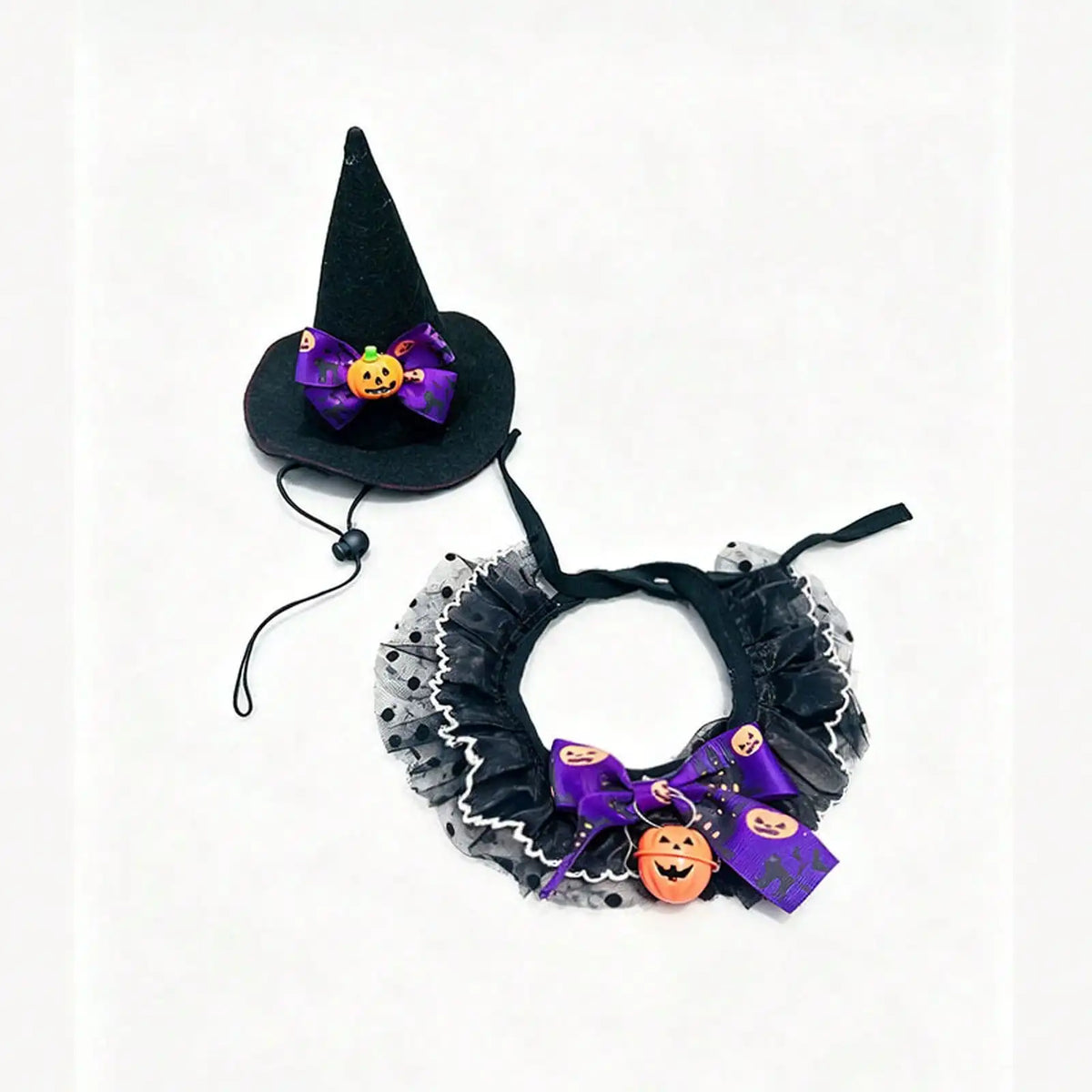 Halloween Pet Costume With Witch Hat And Pumpkin Lace Collar